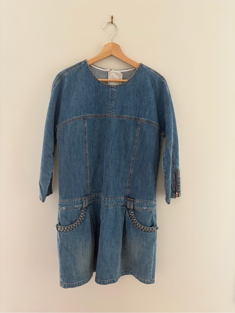 See By Chloé Blue Denim Midi Dress with Braided Pocket Detail, 38